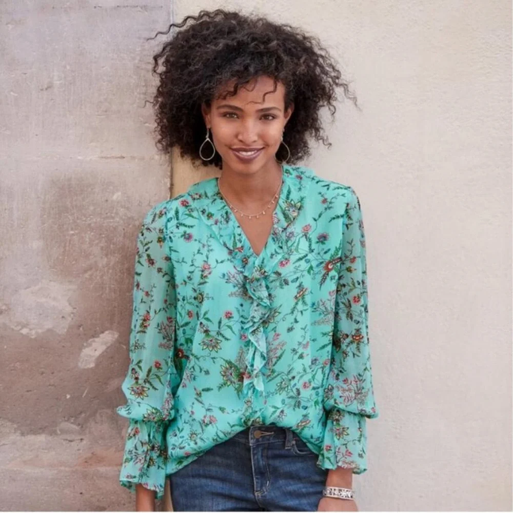 Sundance Chantilly Floral Print Ruffle Lined V-Neck Pullover Top XS